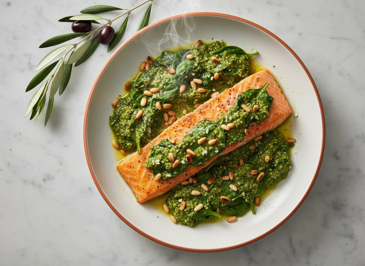Oven-Baked Salmon with Pesto Spinach and Toasted Pine Nuts