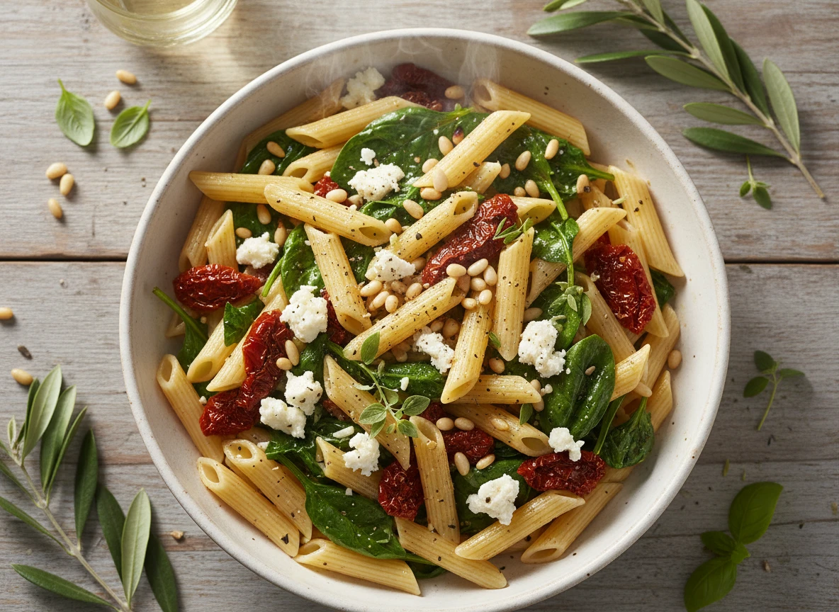 Pasta with Spinach, Sun-Dried Tomatoes and Goat Cheese