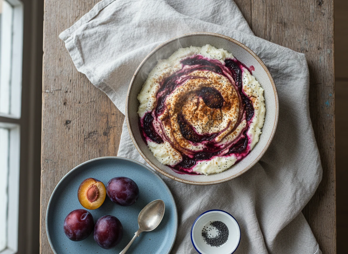 Quark ���käsekuchen“ Schüßel Mit Mohn Und Pflaumen