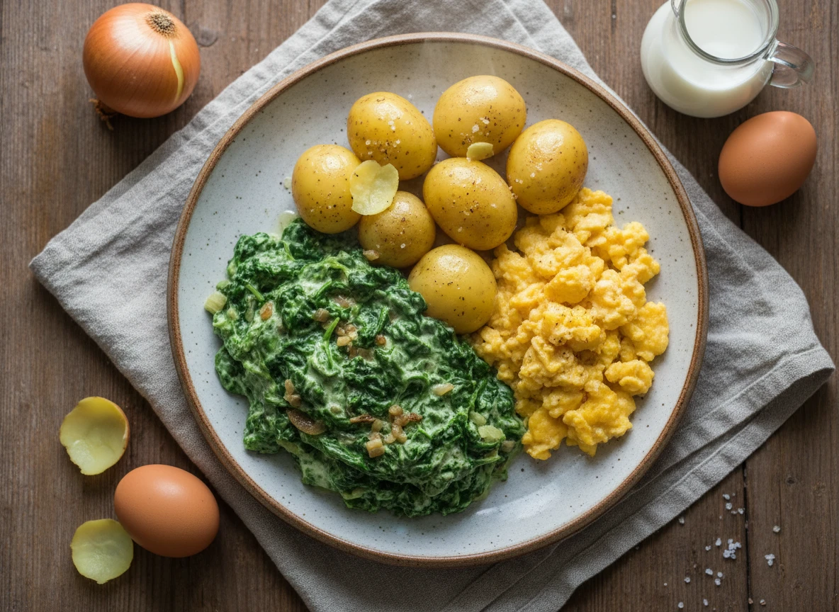 Rahmspinat mit Salzkartoffeln und Rührei