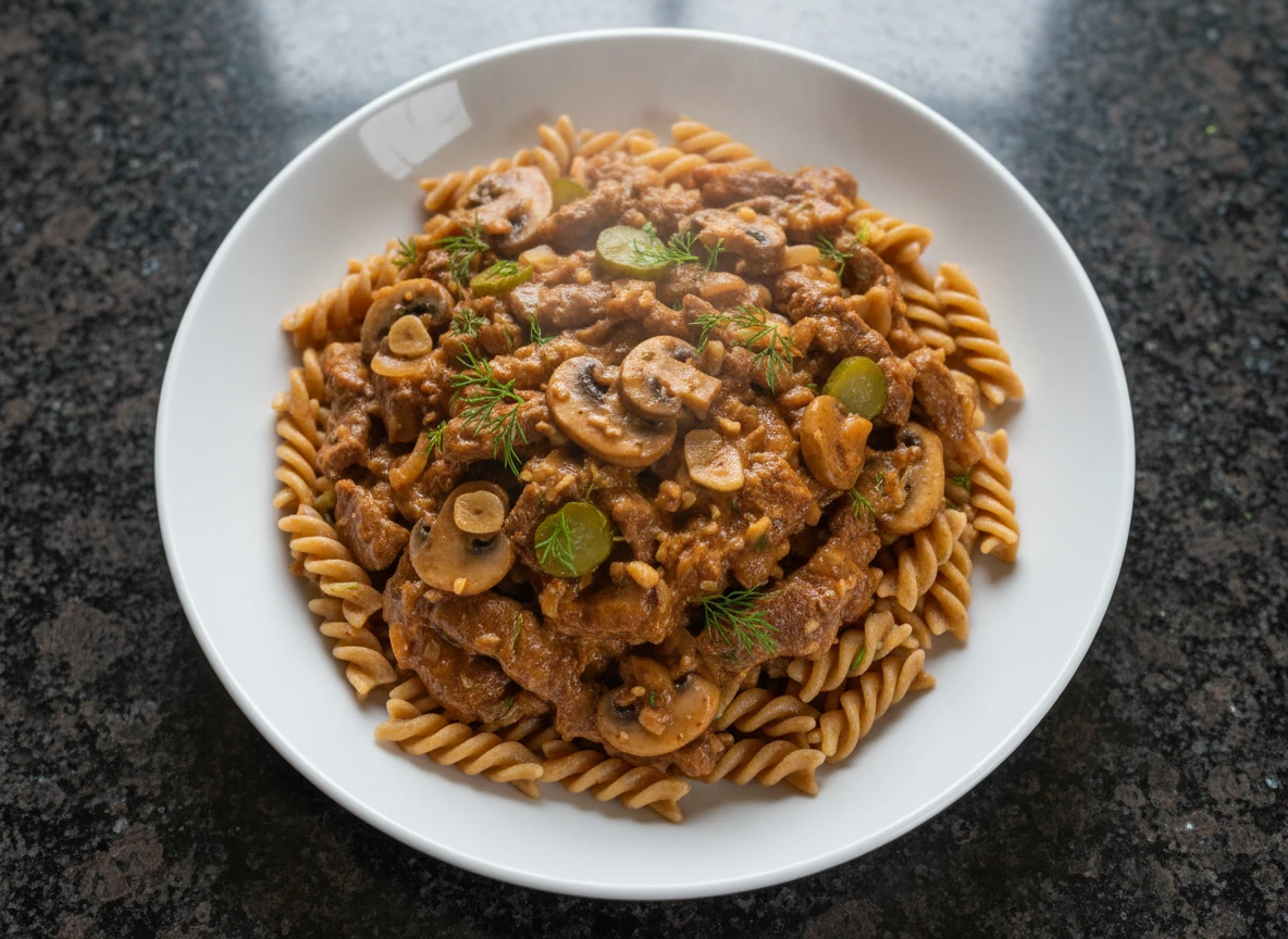 Rindergeschnetzeltes Stroganoff Mit Champignons Und Vollkornnudeln