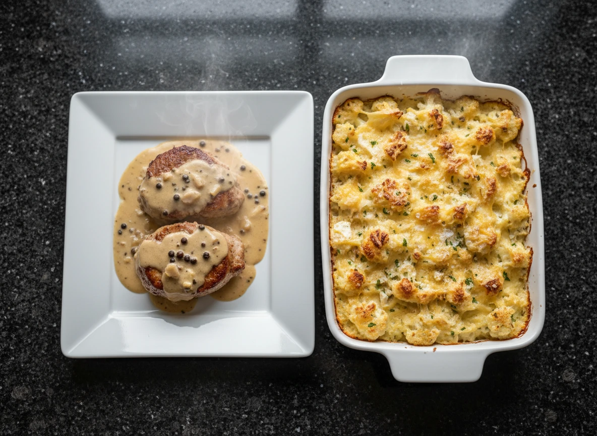 Schweinefilet in Pfefferrahm mit Blumenkohlgratin