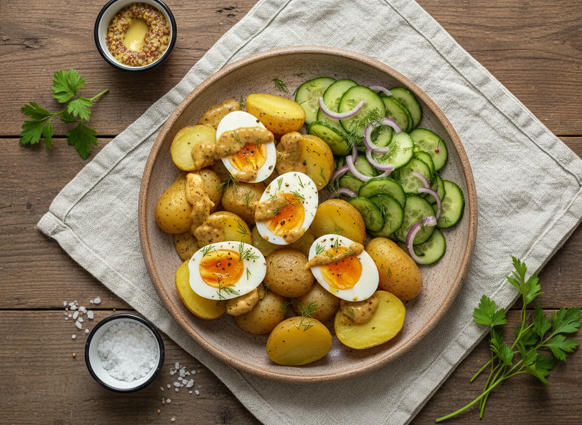 Senf-Eier mit Kartoffeln und Gurkensalat