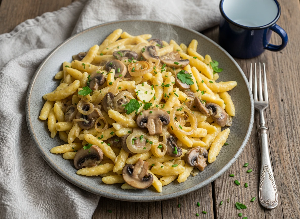Spätzle Mit Rahmchampignons Und Zwiebeln
