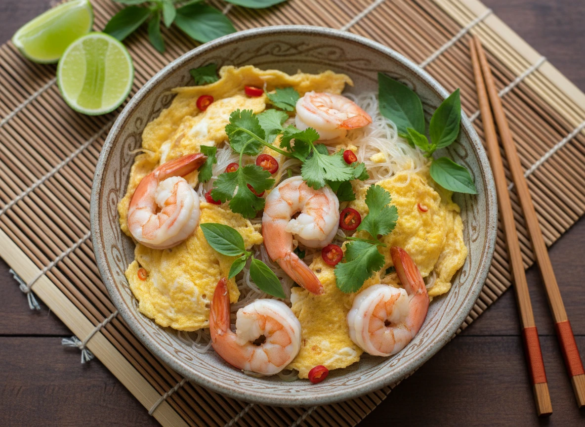 Omelette aux nouilles de riz thaï avec crevettes et herbes