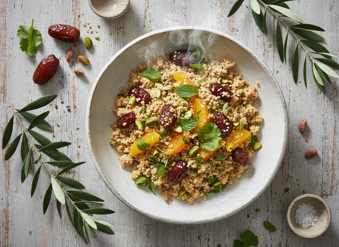 Vegan Breakfast Couscous with Orange, Dates and Pistachios