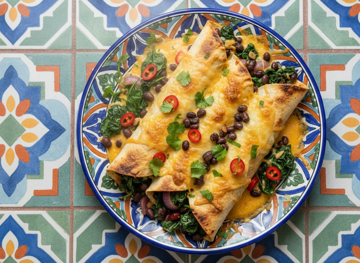 Vegetarische Enchiladas mit Spinat und schwarzen Bohnen