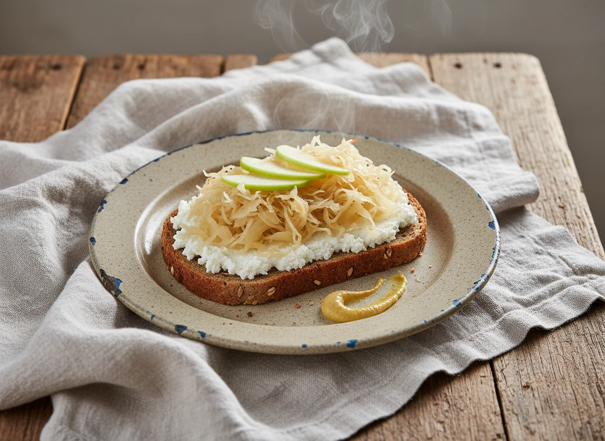Vollkornbrot mit Quark, Sauerkraut und Apfel